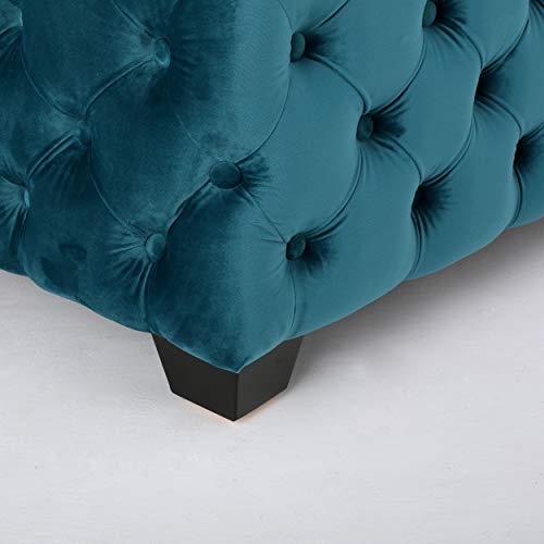 Button Tufted Velvet Ottoman, Dark Teal and Dark Brown B274106