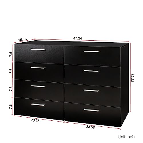 8 Drawer Double Dresser for Bedroom, Modern Black with Metal Handle S28707