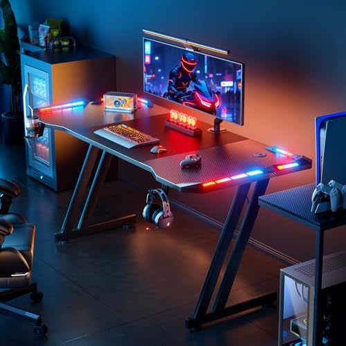 Gaming Desk with LED Lights Carbon Fibre Surface Computer Desk T641