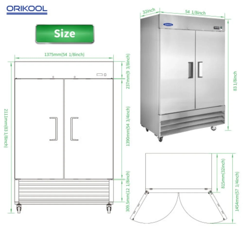 Commercial Refrigerator 49 Cu.ft 2 Solid Door Stainless Steel Upright Fridge F1545