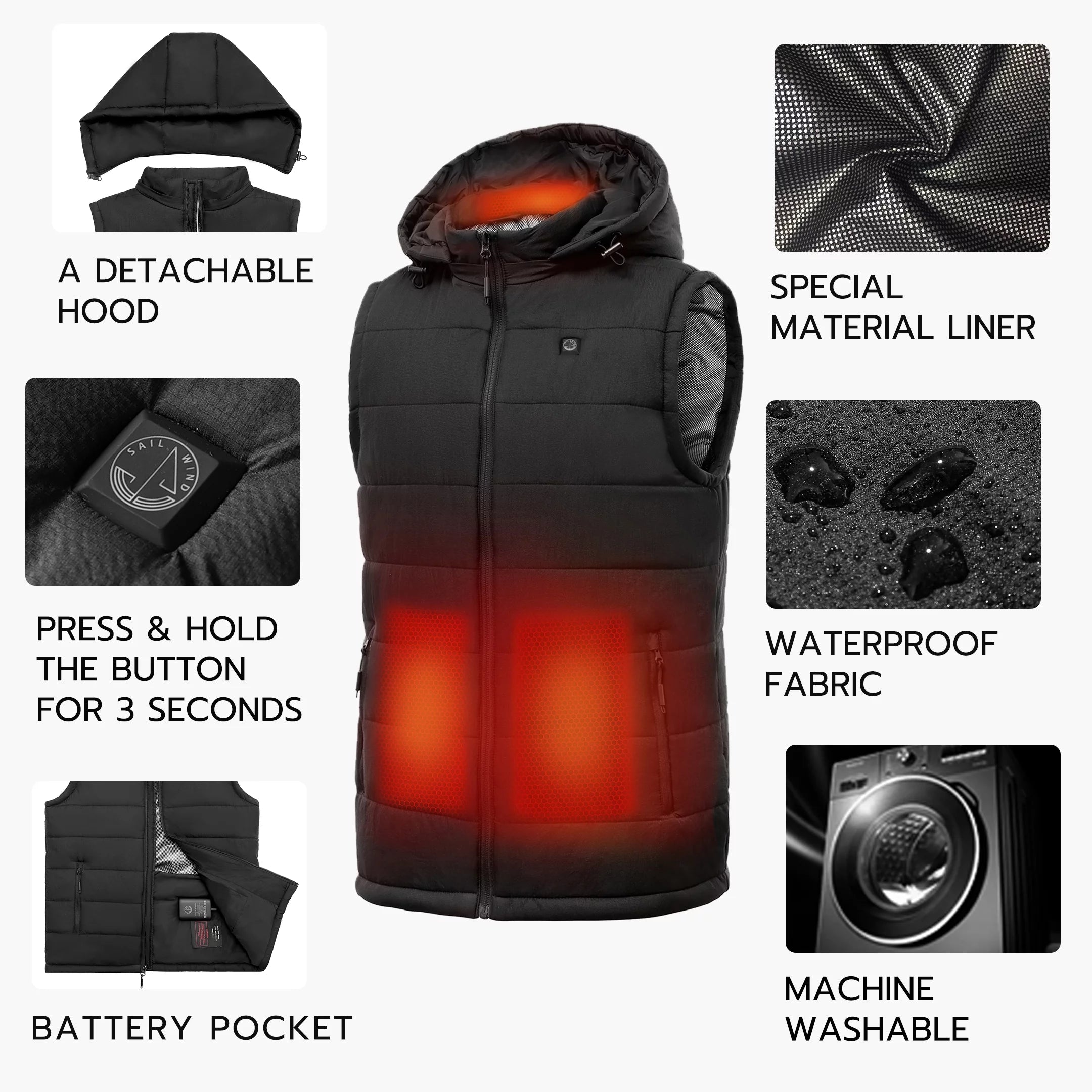 Men's Lightweight Heated Vest with Removable Hood K40086