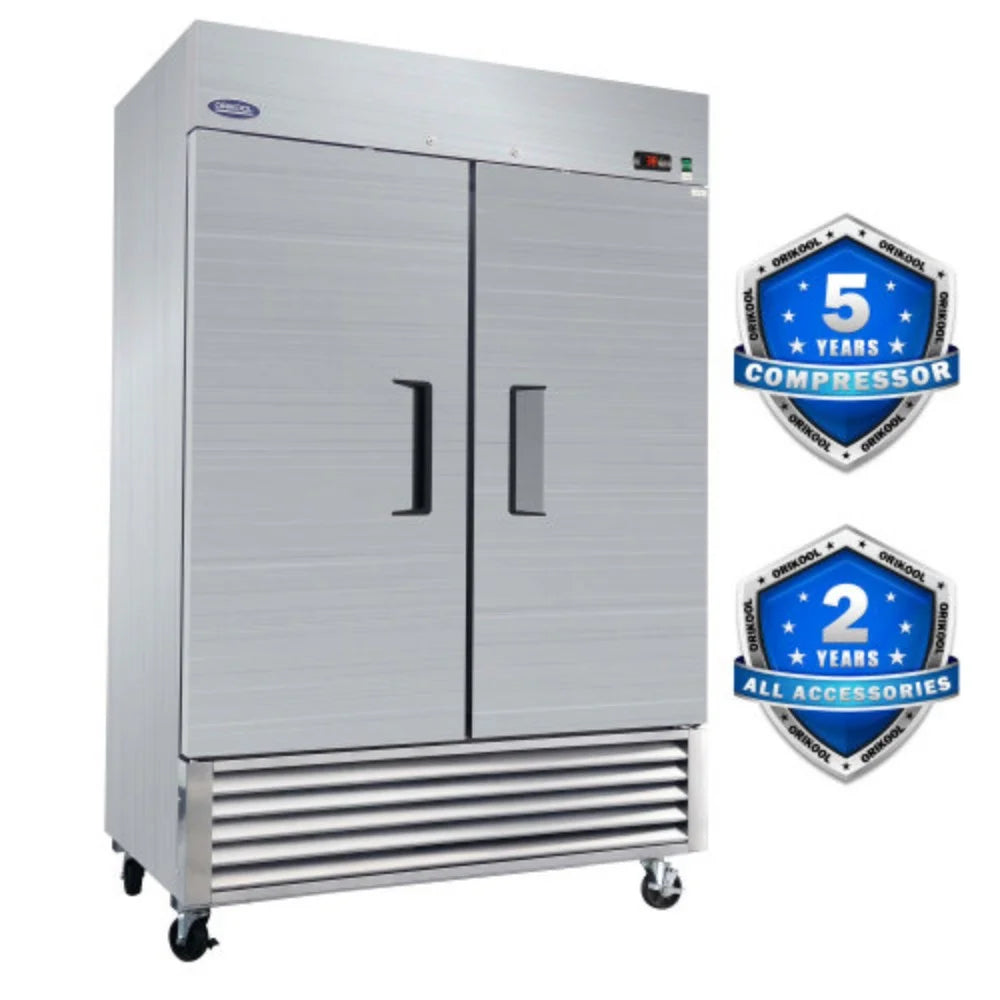 ORIKOOL 54" Commercial Refrigerator 49 Cu.ft with 2 Solid Door Reach-In Refrigerators Stainless Steel ETL Approved Upright Fridge Storage  Silver + Stainless Steel