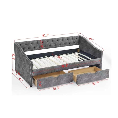 Queen Size Daybed Frame with 2 Storage Drawers, Upholstered Sofa Bed, No Box Spring Needed Q78170