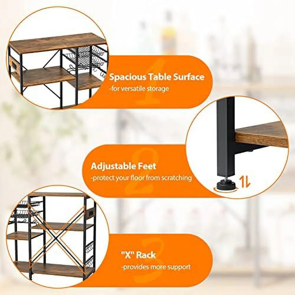 Kitchen Bakers Rack with Microwave Oven Stand, Wire Basket and 7 Hooks, Rustic Brown H5414